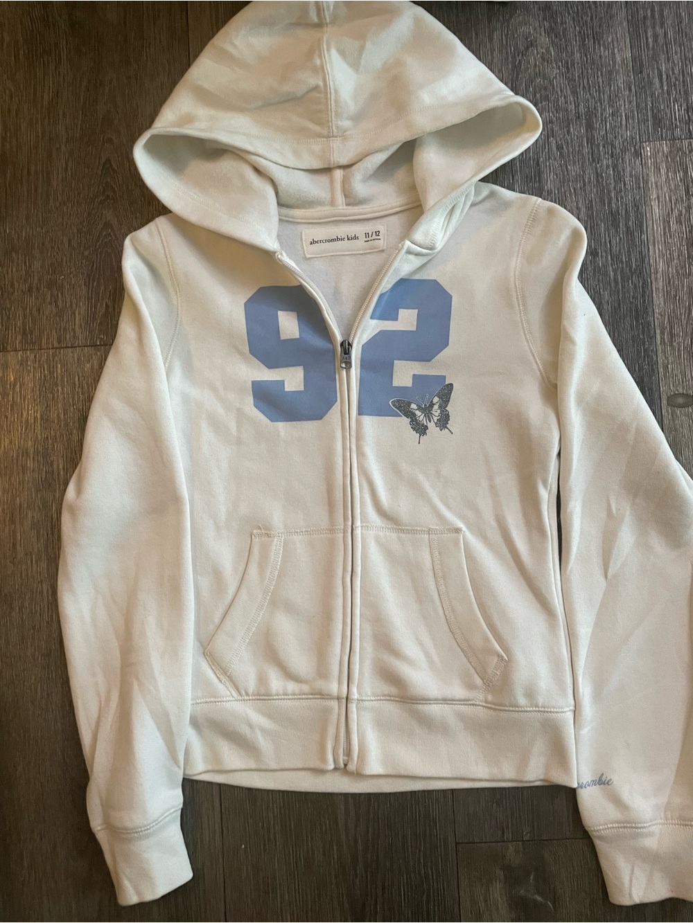 abercrombie kids Cream Zip-Up Hoodie with Blue '92' Graphic and Butterfly